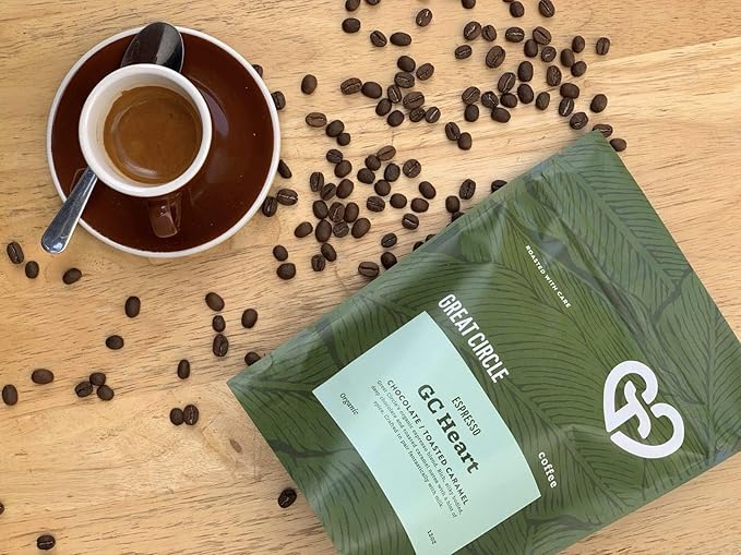 Great Circle Coffee - Organic, Fresh Whole Bean, Smooth Rich Taste, Specialty Dark Roast GC Heart Espresso Blend, Gourmet Beans, Sustainable, Single Origin from Peru, Chocolate and Toasted Caramel Notes, 12 oz Bag