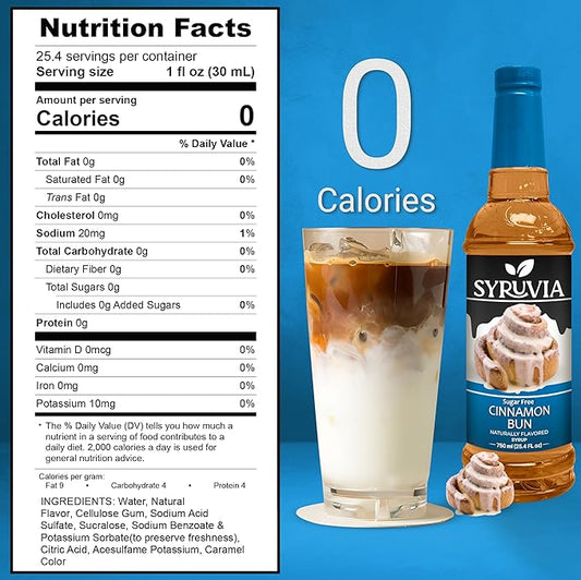 Syruvia Sugar Free Coffee Syrup, Cinnamon Bun Flavored Syrup for Drinks, Lattes, and Desserts – 25.4 fl oz, With Pump