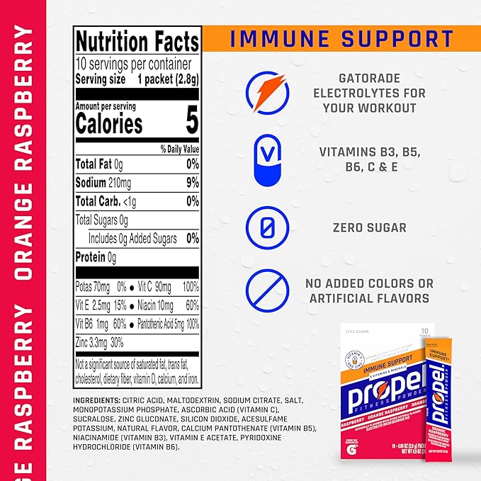 Propel Immune Support Electrolyte Enhanced Water Drink Mix Powder Packets, Orange Raspberry, 100% DV Vitamin C, Zero Sugar Hydration with Electrolytes & Vitamins (120 Packets), (Pack of 240)