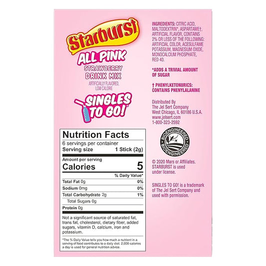 Starburst Singles To Go Powdered Drink Mix, All Pink Strawberry, 6 Boxes with 6 Packets Each - 36 Total Servings, Sugar-Free Drink Powder, Just Add Water, 6 count (Pack of 6)