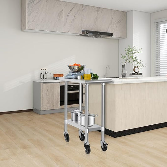 HARDURA Stainless Steel Commercial Table Prep & Work Table with Casters Heavy Duty Metal Table with Wheels NSF 430 30×15 Inches