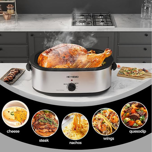 18 Quart Roaster Oven with Self-Basting Lid, Electric Turkey Roaster Oven with Defrost & Warm Function, Adjustable Temperature, Removable Pan Rack, Stainless Steel, Silver