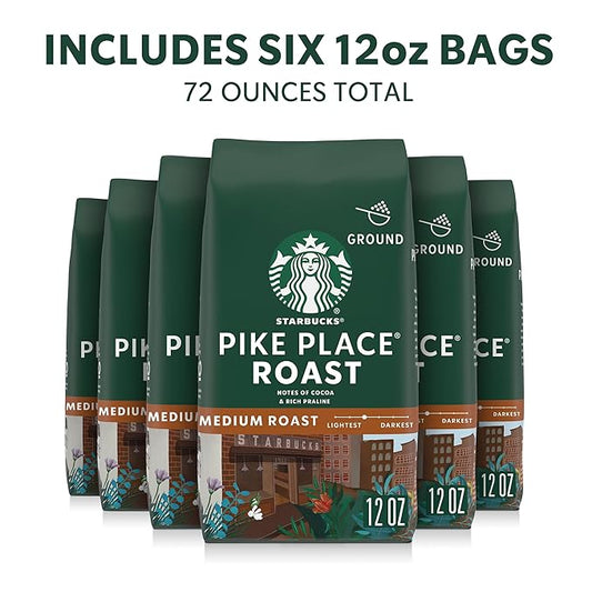 Starbucks Ground Coffee, Medium Roast Hot or Iced Coffee, Pike Place Roast, Six 12 oz Bags