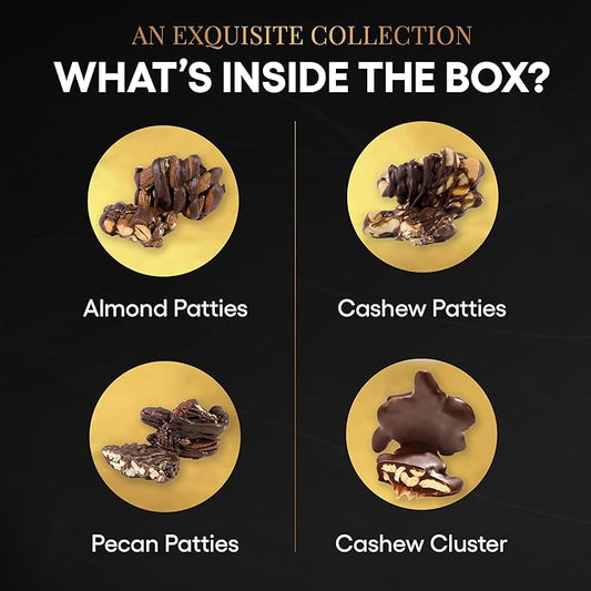 Nut Clusters Chocolate Gift Box - Assorted Caramel Brittles, Pecan Patties, Almond & Cashew Clusters, Kosher Dairy Free Nuts and Chocolates Basket, Dark Chocolate Covered Nuts Holiday Baskets Gifts