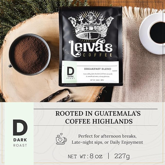 LEIVA'S COFFEE - Ground Dark Roast - Breakfast Blend - Bold, Full-Bodied Flavor - Energizing and Satisfying - 8oz