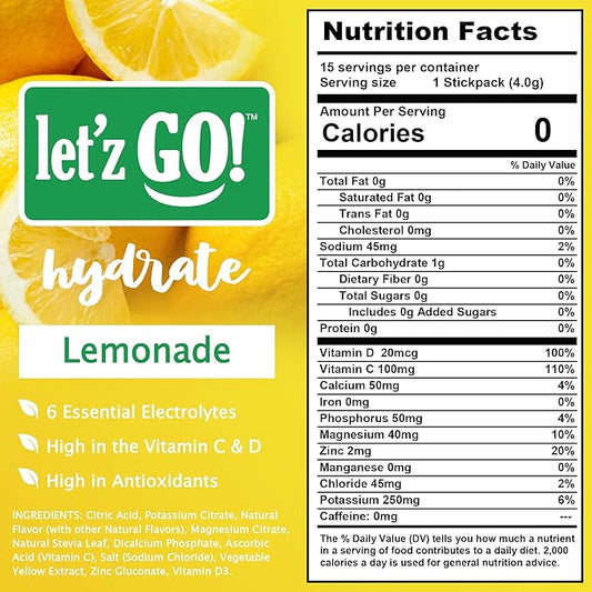 Let'z Go! Hydrate- Natural Hydration + Electrolyte Drink Mix- Hydration + Electrolytes + Antioxidant Powder Packets, Natural Flavors, Vitamins C + D | No Sugar | No Calories | (15 Count) Lemonade