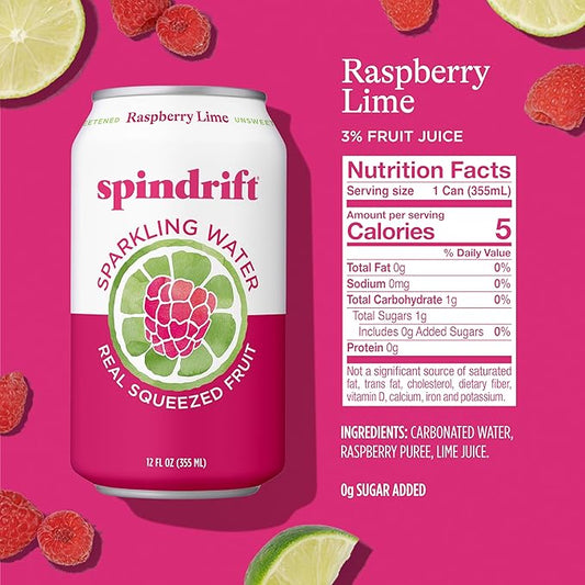Spindrift Sparkling Water, Raspberry Lime Flavored, Made with Real Squeezed Fruit, Only 9 Calories per Can, 12 Fl Oz Cans, Pack of 24