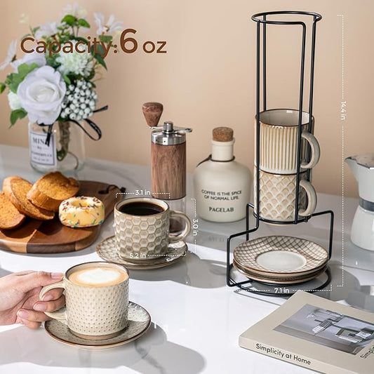 GBhome 6OZ Stackable Coffee Mugs with Stand and Saucer, Ceramic Coffee Mugs Set of 4 with Texture Patterns for Man,Woman,Dad,Mom, Modern Coffee Cups for Latte/Espresso. Dishwasher&Microwave Safe
