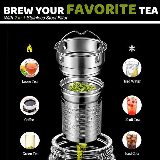 17oz Tea Tumbler with Infuser, 500ml Double Wall Borosilicate Glass Tea Bottle 100% Leak-Proof with 2 in 1 Stainless Steel Filter