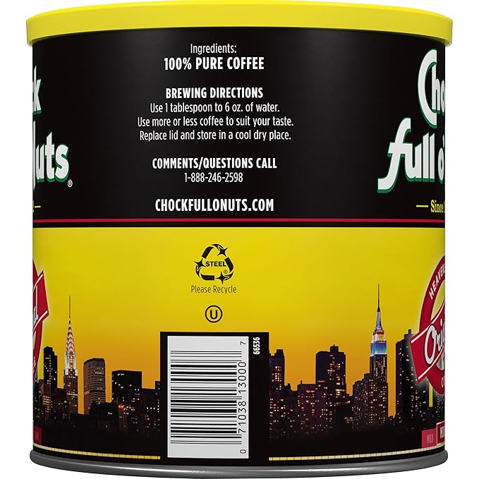 Chock Full o' Nuts Heavenly Original Ground Coffee – Premium Beans in Recyclable Steel Can – Rich Flavor & Aroma, Medium Roast – Perfect for Drip, Pour-Over, Percolator – 30.5 Oz Can, Pack of 6