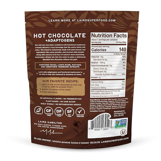 Laird Superfood Functional Mushrooms Hot Chocolate, Organic Cacao Powder Blended with Nourishing Mushrooms, 8 oz. Bag, Pack of 1