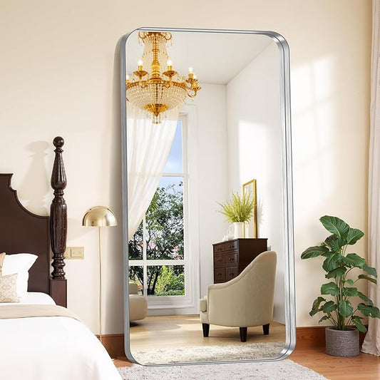 FORBATH 72x36 Inch Oversized Bathroom Mirror for Double Sinks, Brushed Silver Deep Frame Full Length Wall Mirror with Rounded Corners, Anti-Rust Tempered Glass (Horizontal/Vertical)