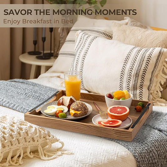 Axeman Wooden Serving Tray with Metal Handles|Ottoman Tray for Breakfast, Bed, Couch|17x13in Ash Wood Coffee Table Trays|Food Drinks Decorative Storage Boards for Ottoman Kitchen, Natural