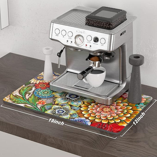 Rnivvi Coffee Mat, 12" x 19" Cute Flower Theme Coffee Bar Mats for Espresso Machine Station Accessories and Organizer, Hide Stain Rubber Backed Absorbent Dish Drying Pad for Kitchen Counter, Mandala