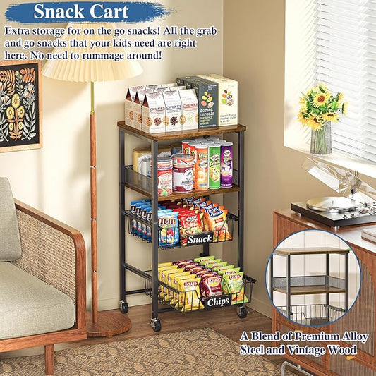 4 Tier Rolling Cart with Drawer Baskets, Metal Utility Storage Cart with Wheels and Wood Top for Living Room, Kitchen, Home Office, Bedroom, Pantry, Baby Essential, Makeup, Snack, Craft, Black