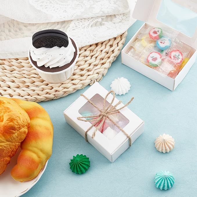 BENECREAT 30 Pack White Kraft Paper Boxes with Clear Window 3.3x2.3x1.1 Inch Gift Packaging Boxes for Bakery Cookies Cake Candy Wedding Party Favors