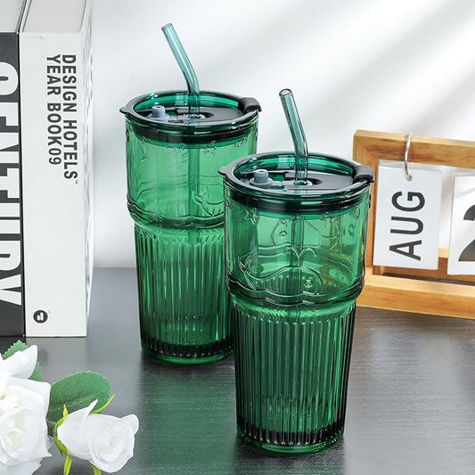 Joeyan Green Glass Tumbler with Lid and Straw,Embossed Iced Coffee Cups with Whale Pattern,Colored Striped Drinking Jars,Water Juice Beverages Soda Glasses,18.5 oz,Set of 2,Dishwasher Safe
