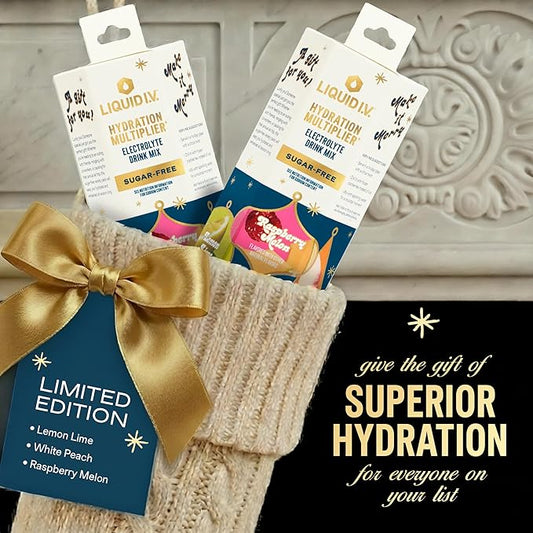 Liquid I.V.® Hydration Multiplier Sugar-Free - Variety Pack Stocking Stuffer - Raspberry Melon, Lemon Lime, and White Peach - 4 Pack (12 Sticks)