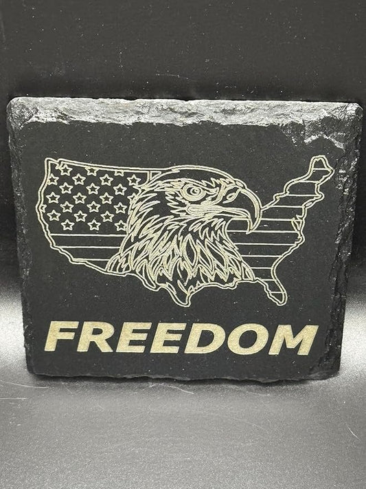 American Flag Bald Eagle Freedom Slate Coasters, Set of 4, Black Natural Stone Drink Coasters