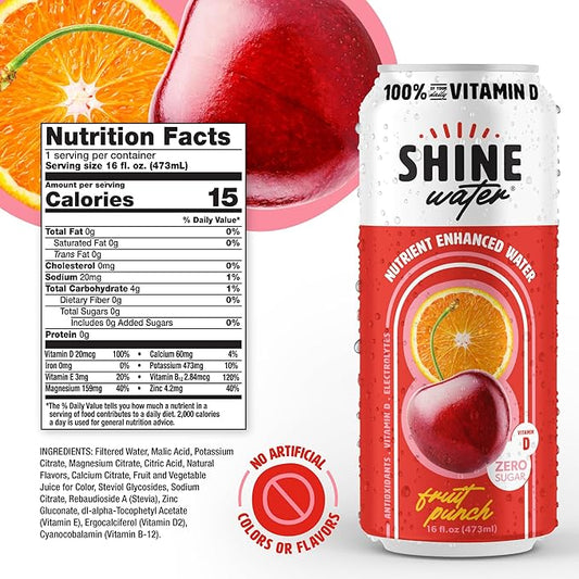 Shine Water Fruit Punch Vitamin D Electrolyte Drinks 12-Pack, Sugar Free Flavored Water with Magnesium, Zinc & Antioxidants, Low Calorie Hydration Beverage, Plant-Based Vitamin Water Zero Sugar