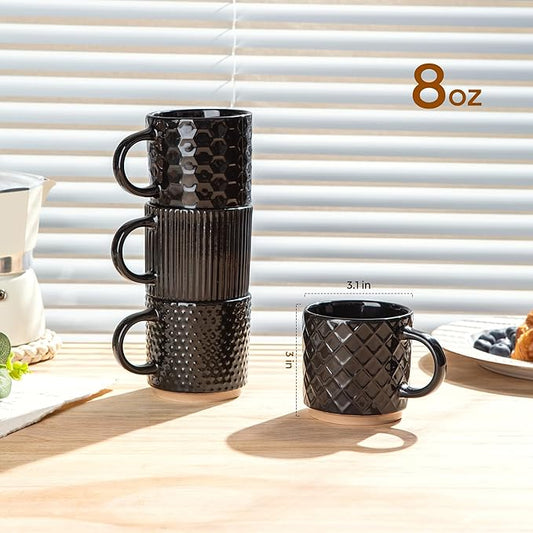 GBhome 8OZ Stackable Coffee Mugs, Ceramic Coffee Mugs with Texture Patterns for Man,Woman,Dad,Mom, Modern Coffee Cups Set of 4 for Espresso/Cappuccino/Cocoa. Dishwasher&Microwave Safe, Black