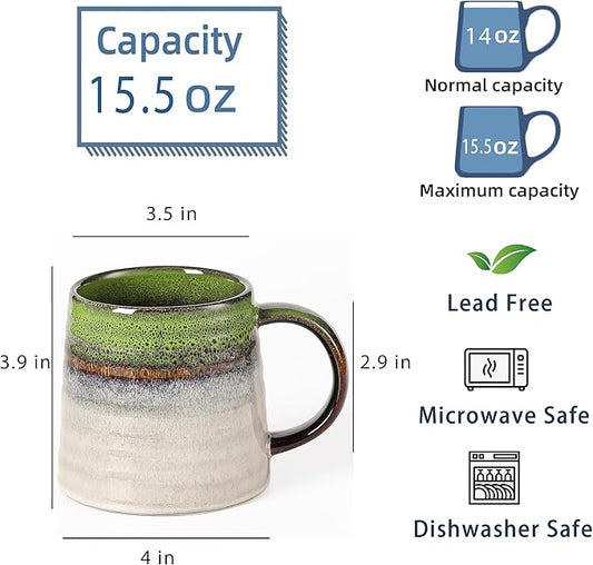 Large Ceramic Coffee Mug, Handmade Pottery Mugs, Tea Cups with Big Handle for Office and Home, 15.5 oz, Dishwasher and Microwave Safe (Crystal Green)