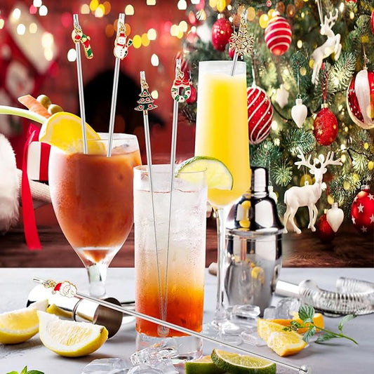 6Pcs Chrismas Charms Cocktail Stirrers Swizzle Sticks Stainless Steel 7.5" Coffee Beverage Stir Sticks for Mixing Cocktail, Hot Cocoa, Creamer