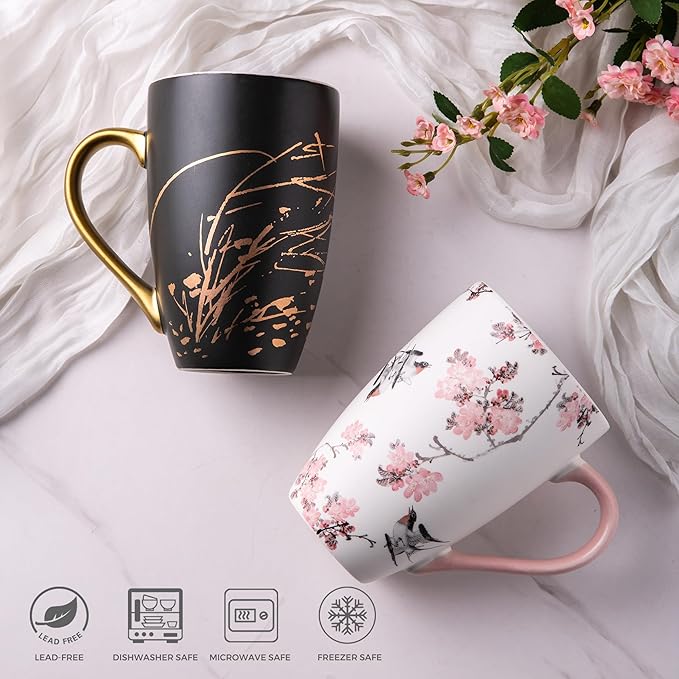 AmorArc Ceramic Tea Cup with Infuser and Lid, 17 Oz, Ceramic Cup with Handle for Steeping Loose Leaf Teas, Steeping Tea Mug with Strainer, Black