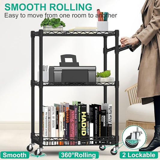 3 Tier Rolling Cart with Wheels, Metal Utility Cart for Storage Heavy Duty Wire Trolley for Kitchen Serving Grocery Food with 3 Shelf Liners 6 Hooks, 18 x 23.8 x 37 Inches, Black