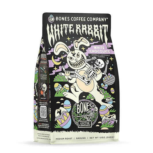 Bones Coffee Company White Rabbit, White Chocolate Flavored Coffee, Medium Roast Low Acid Arabica Beans Compatible with Auto drip and French Press Coffee Maker, 12 Oz Ground