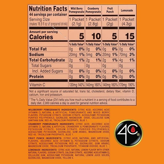 4C Powder Drink Mix Packets, PSD Variety 1 Pack, 44 Count, Singles Stix On the Go, Refreshing Sugar Free Water Flavorings (11 Each Wild Berry Pomegranate, Cranberry-Pomegranate, Fruit Punch, Lemonade)