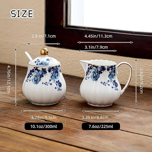 Ceramic Sugar and Creamer Set, 3 Piece with Cream Pitcher, Sugar Bowl with Lid and Spoon,Coffee and Tea Serving Set (White with blue flower)
