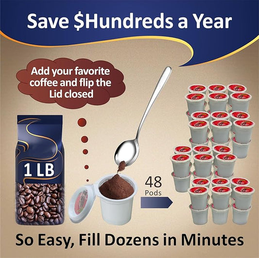 48 iFillCup Pods - Use Your Favorite Coffee, Fits all K Cup Brewers, Save $Hundreds, Holds 50% More Coffee for a Richer or a Larger Brew for Morning Commute (Red)
