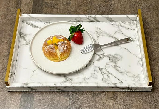 WV 17.8 * 11.8" White PU Leather Marble Finish Decorative Tray Serving Tray with Brushed Gold Handle for Coffee Table, Console Table, Ottoman