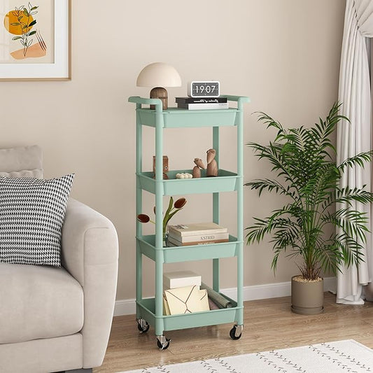 MIOCASA Utility Rolling Cart with Detachable Tray Top, 4-Tier Kitchen Storage Organization, Art Cart with Wheels for Office, Classroom, Livingroom, Kitchen, Bathroom (Green, 4-Tier-Plastic)