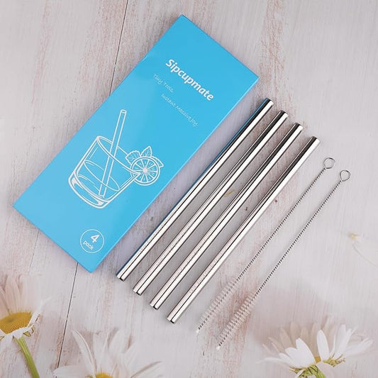 Metal Straw Replacement Set Compatible with Owala 24oz/32oz Freesip Water Bottle, Durable Stainless Steel Replacement Straws with 2 Cleaning Brushes-4Pcs