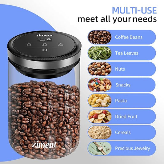 1.6L Smart Vacuum Coffee Canister, Airtight Glass Storage Container, Intelligent Air Pressure Adjustment, 4000 Hours Long Standby Time, Holds 1.1 lb/500g Coffee Beans, Tore Pasta, Snacks, Nuts