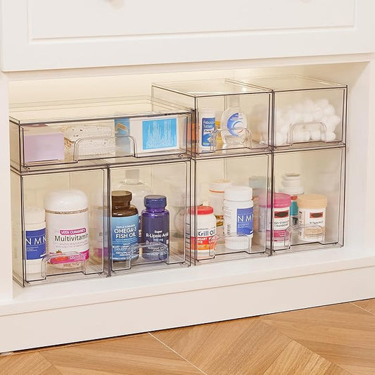 Vtopmart Clear Stackable Storage Drawers Set of 4, Plastic Organizer Bins for Makeup, Cosmetics, Beauty Supplies,Ideal for Vanity, Bathroom,Cabinet,Pantry Organization