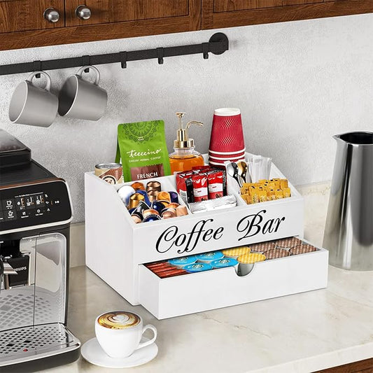 Coffee Bar Organizer Countertop, Wooden Bar Accessories With Drawer, Coffee Station Organizer Pods Holder Storage Basket, Farmhouse Tea Condiment Station
