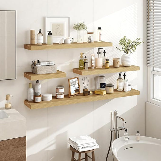 36 Inch Floating Shelves, 3D Textured Wood Grain, 36"x9.25"x1.5" Inch Deep Floating Shelves for Wall, Wooden Shelves for Bathroom, Bedroom, Living Room, Natural, 2 Pieces