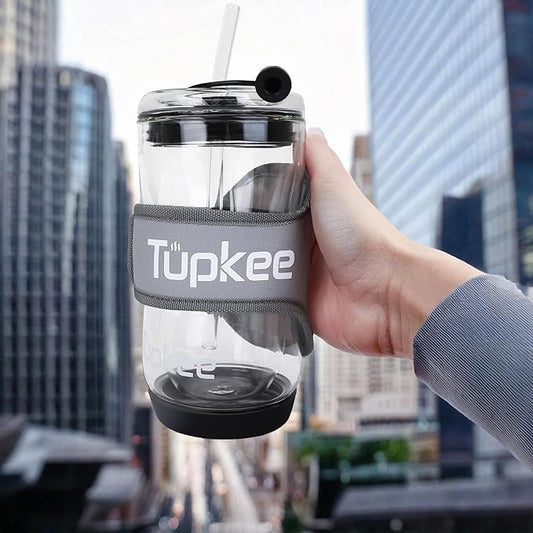 Tupkee 20oz Glass Tumbler Carrier Holder - Reusable Neoprene Wraparound Sleeve with Hand Strap - Specifically Designed for the 20oz Double Wall Glass Tumbler Coffee Drink Cup