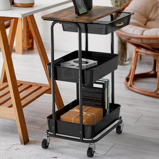 Simple Houseware 3-Tier Rolling Utility Cart with Drawer & Wood Tabletop - Mobile Sofa Side Table, Nightstand, Slim Storage Organizer Trolley for Bedroom, Bathroom, Office & Art Supplies, Rustic Brown