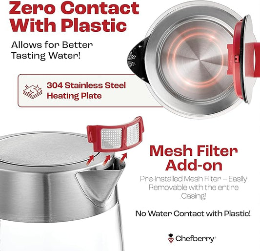 Electric Kettle for Boiling Hot Tea & Water | 1.7L Stainless Steel Borosilicate Glass Boiler With No Plastic, Automatic Shutoff, BPA Free, Fast Heating Technology (Red)