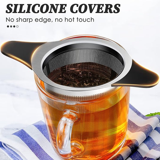 Upgraded Tea Infusers for Loose Tea, Silicone Covered Extra Fine Mesh 18/8 Stainless Steel Tea Strainer with Large Capacity & Double Handles to Steep Loose Leaf Tea and Coffee 1 Pack