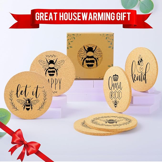 Coasters for Drinks with Holder Set of 6, Bee Coaster Absorbent Cork Wood for Cup Desk Office Table Kitchen Decor House Warming Gifts for New Home Couples, Round 4"