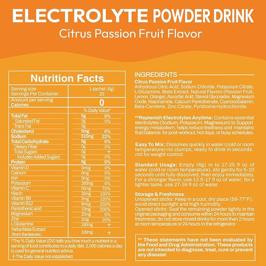 Electrolyte Powder Packets, Hydration Packets 20 Stick, Sugar Free Electrolytes for Rapid Recovery, Instant Electrolyte Powder Drink Mix with Yerba Mate Extract
