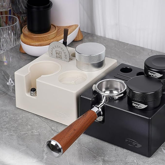 IKAPE ABS Espresso Knock Box, 7 in 1 Coffee Organizer Box Fit for Storage 51, 54, 58MM Espresso Tamper, Distributor, Portafilter & Puck Screen Accessories(White)