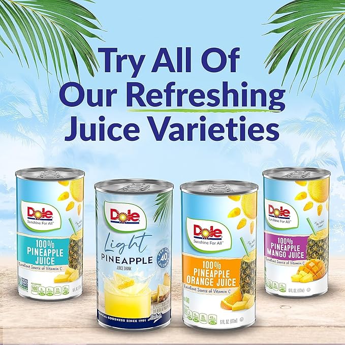 Dole Light Pineapple Juice Drink, No Added Sugar, 40 Calories Per Can, Excellent Source of Vitamin C, 100% Fruit Juice, 6 Fl Oz (Pack of 48)