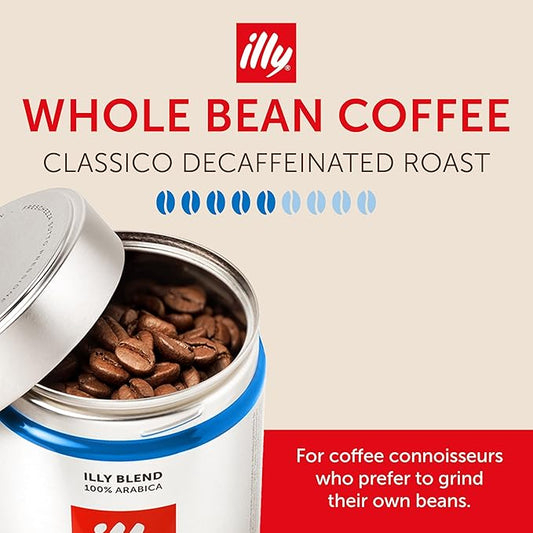 illy Decaf Whole Bean Coffee, Classico Decaffeinated Medium Roast, 100% Arabica, Premium Italian Coffee, Ideal for Espresso, Drip, Moka and French Press Brewing, 8.8oz, 12 Pack