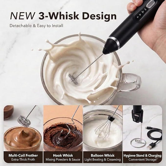 Handheld Milk Frother Wand for Coffee,Rechargeable Drink Mixer, 30dB Ultra Quiet with 3 Adjustable Speeds & 3 Whisks For Cappuccino, Hot Chocolate, Egg,Protein powder